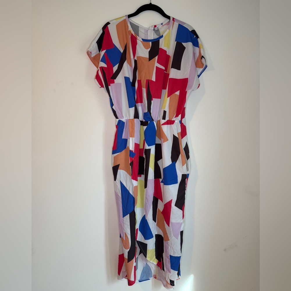 Geometric 80s/90s Pattern Elastic Waist Wrap Dress, Size L